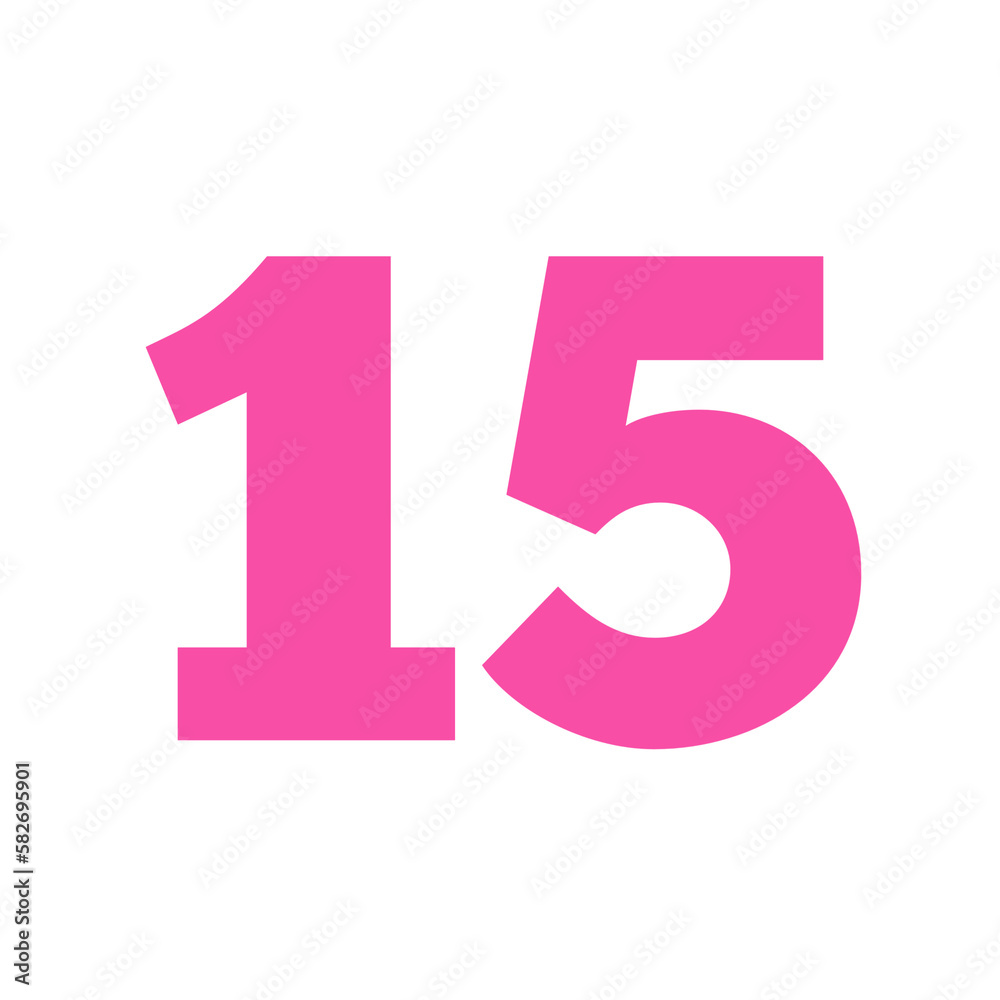Number fifteen 15 pink color on white background transparent 