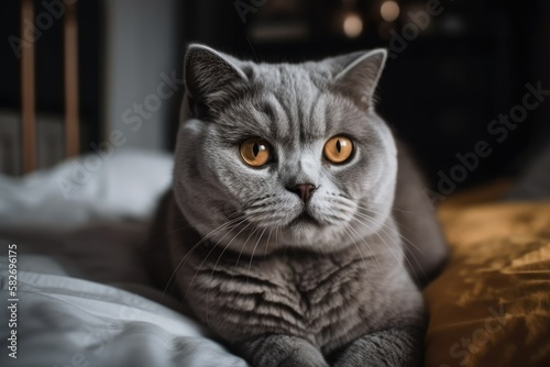 The gray scottish fold cat with a black stripe and yellow eyes is lying on a bed. Stay at home concept in the morning. Adorable and amusing kitty. Generative AI