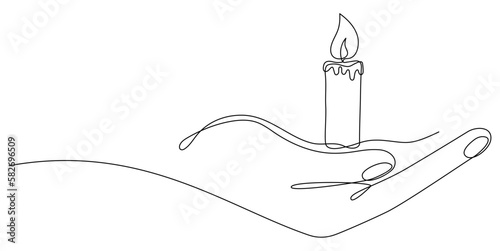 Human hand holding burning candle continuous line drawing art. Memorial linear symbol. Vector illustration isolated on white.