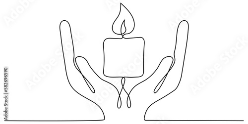 Human hands hold burning candle continuous line drawing art. Memorial linear symbol. Vector illustration isolated on white.