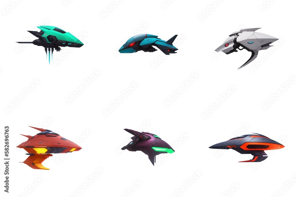 Menacing Alien Space Drone Set, Colorful Accent Spacecraft Collection, 2D Sci-fi Game Unit, Side View, Isolated on White, AI Menacing Alien Space Drone Set, Colorful Accent Spacecraft Collection, 2D Sci-fi Game Unit, Side View, Isolated on White, AI