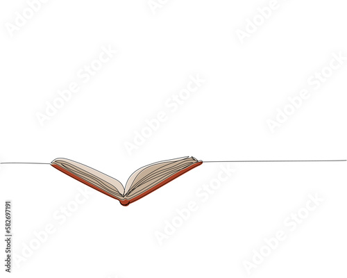 Open book v shaped one line colored art. Continuous line color drawing of book, library, education, school, study, literature, paper, textbook, knowledge, read, learn, page, reading.