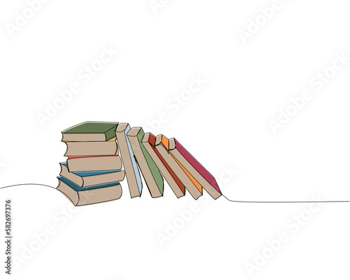 Books are on the shelf one line colored art. Continuous line color drawing of book, library, education, school, study, literature, textbook, knowledge, read, learn, page, reading