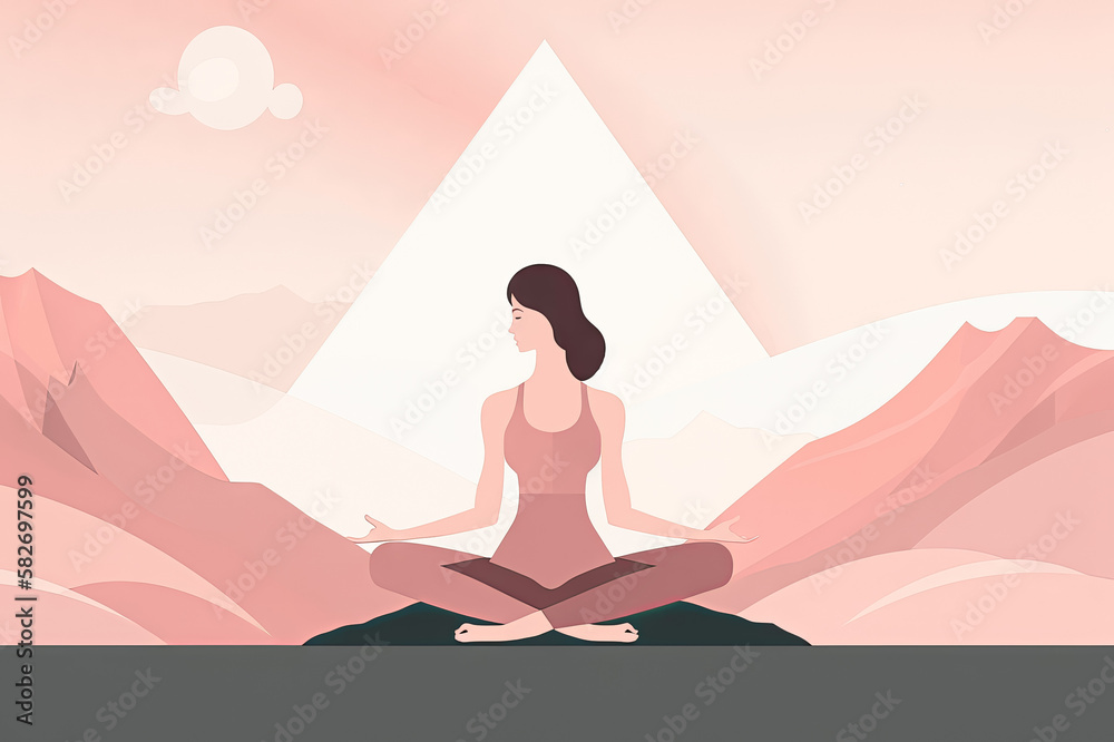 Digital illustration of a woman doing yoga meditation, a calm healing atmosphere, can be used for banner background, or healthy sports marketing campaign.