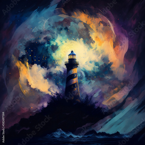 Galactic Lighthouse: A Beacon in the Vast Cosmos - Impressionist Digital Painting of Cosmic Lighthouse and Celestial Bodies