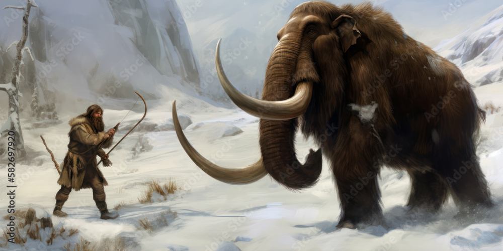 Clovis hunters in Ice Age, using a bow to hunt mammoth amid snowy