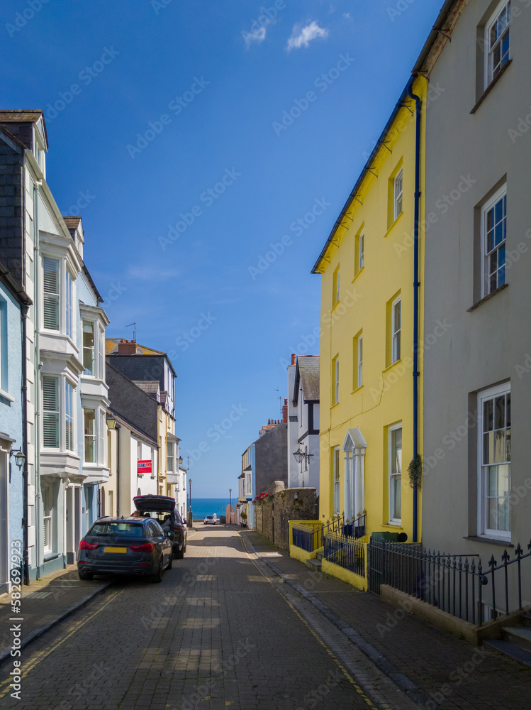 Quiet street in seaside town (Tenby, Wales, United Kingdom, in summer)