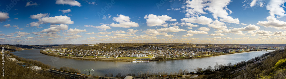 A view of a bend on Ohio river as seen from observation spot on a hill in Cincinnati, OH.