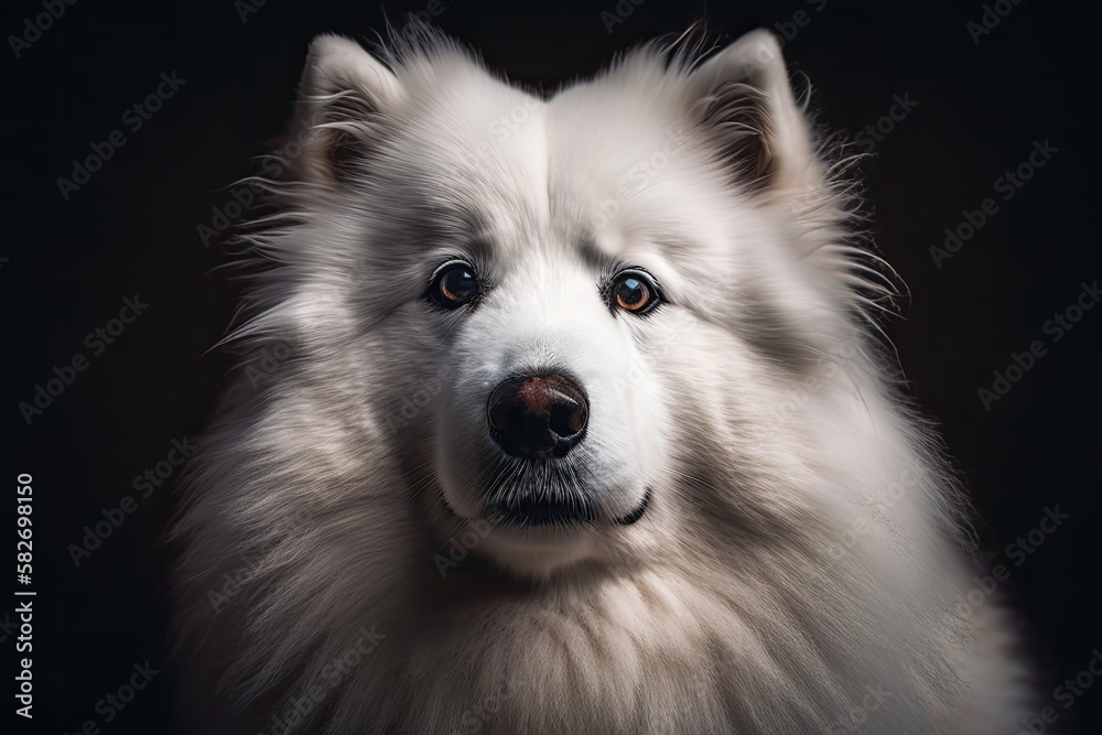 Fototapeta premium Portrait of a lovely Samoyed dog with white fur in close up. Generative AI