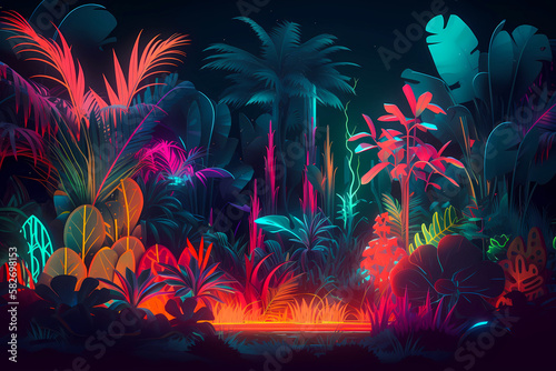 Fototapeta Naklejka Na Ścianę i Meble -  luminescent neon jungle wallpaper, created with generative ai