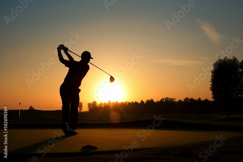 silhouette of a golfer at sunset