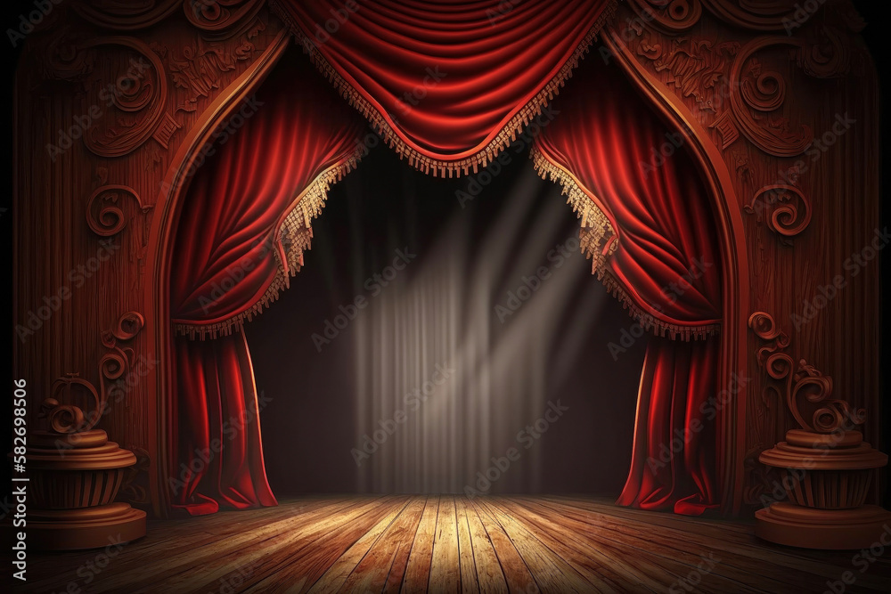 Fototapeta premium Mockup theater scene with red curtains for your presentation. Created with Generative AI technology.