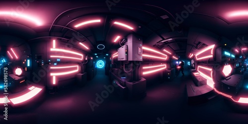 Fototapeta Naklejka Na Ścianę i Meble -  Photo of a futuristic space station with neon lights shining brightly in the dark