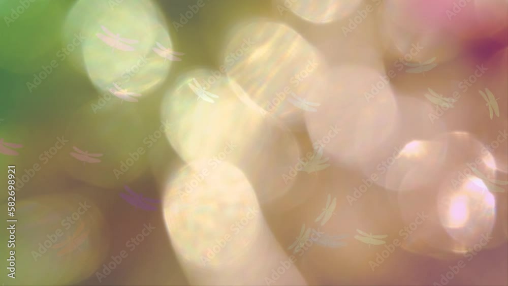 Double exposure with leaking blinking morning sunlight bokeh, animated dragonflies and tropical beach, luxury resort