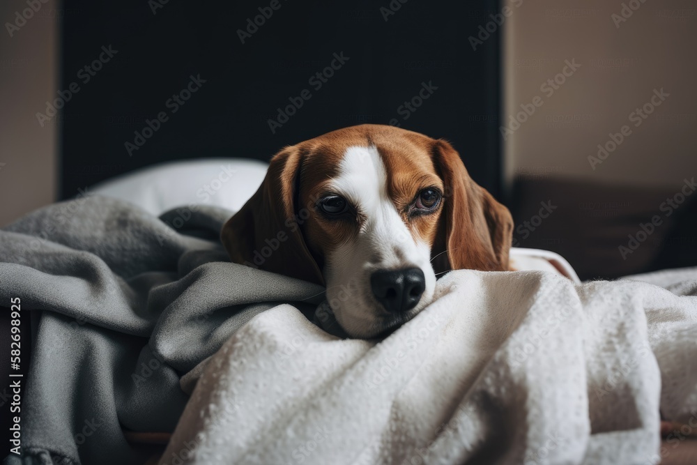 Little hound Beagle dog napping on the owner's legs at home. Generative AI Little hound Beagle dog napping on the owner's legs at home. Generative AI
