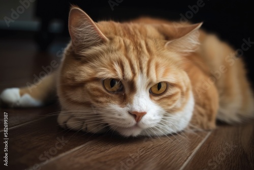 Close up of a lovely cat lying on the floor. Generative AI © AkuAku