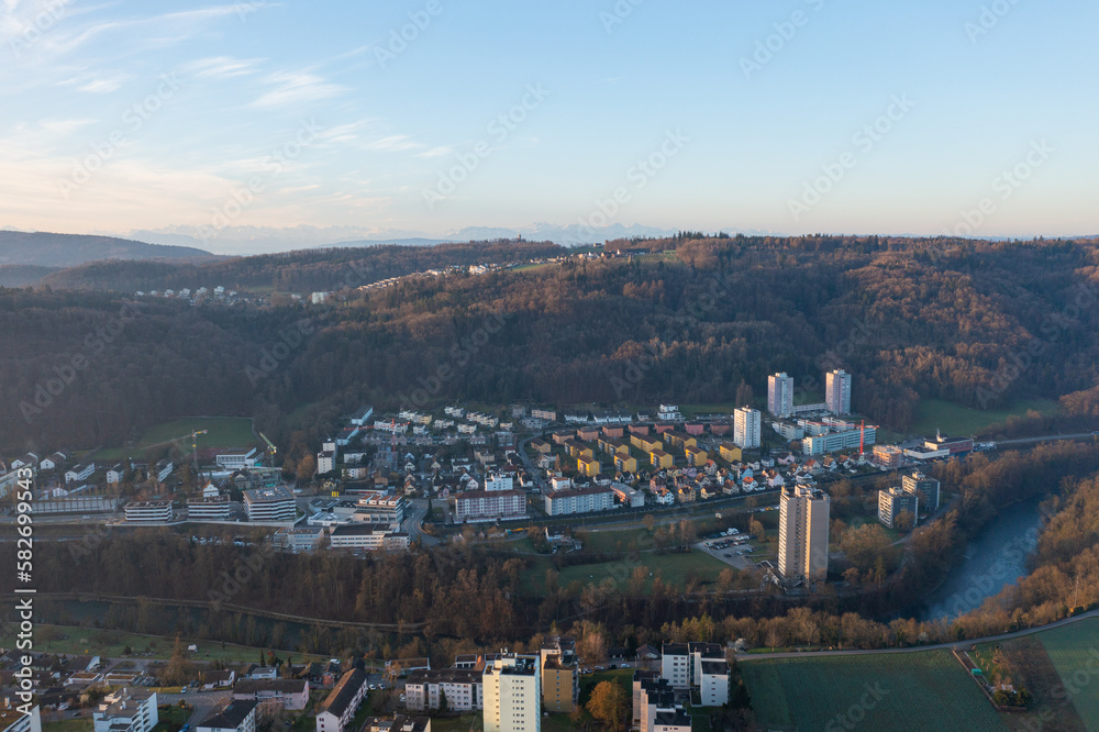 Fototapeta premium Beautiful view of the sunny slope of Obersiggenthal in the canton of Aargau in Switzerland during a beautiful sunrise.