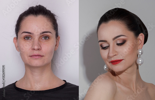 Portrait of middle aged woman before and after makeup