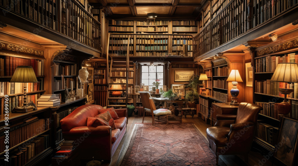 Old library room interior with many books in shelves and sofa