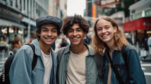 Happy smiling teenager student group in urban city (Generative AI)