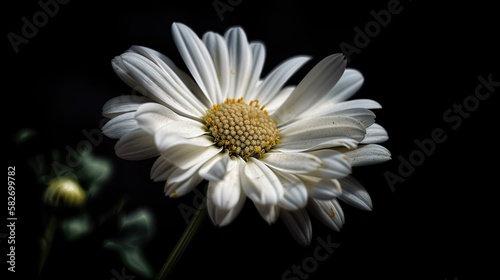 Delicate daisy in soft light on black background, generative ai