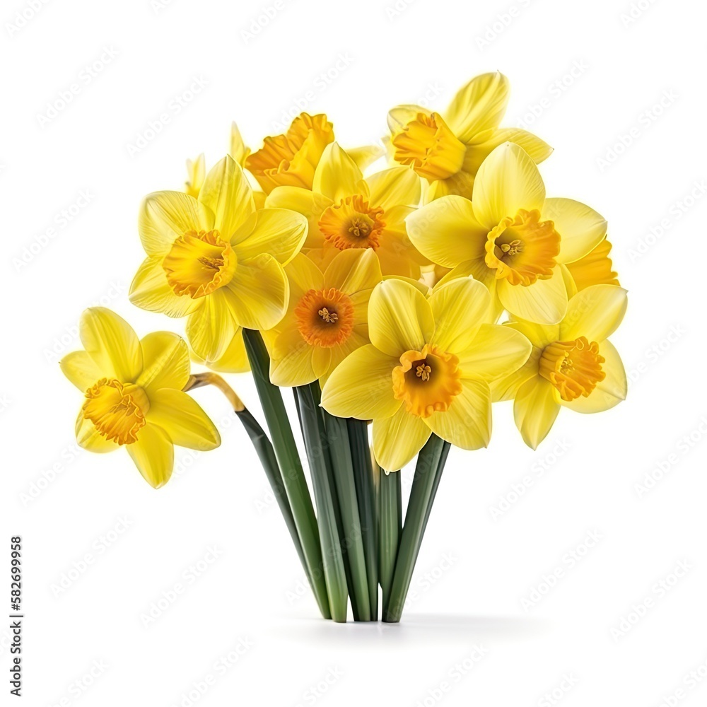 Yellow spring flowers daffodils isolated on white background. With clipping path. Flowers objects for design, advertising, postcards. Narcissus flowers, generative ai