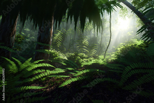 Dark rainforest sun rays through trees with dense fog digital illustration AI generated