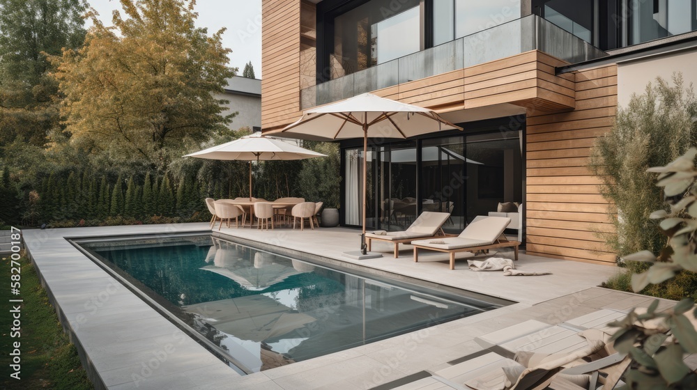 Fototapeta premium Sunbeds and dining zone near pool in backyard of modern house, generative ai