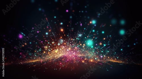 Magical neon background with bokeh and tiny particles, explosion and swirl of sparkles and confetti. Abstract dark, generative ai