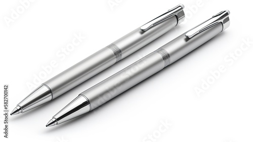 minimalist matte silver ballpoint pen in two positions isolated on white background, generative ai