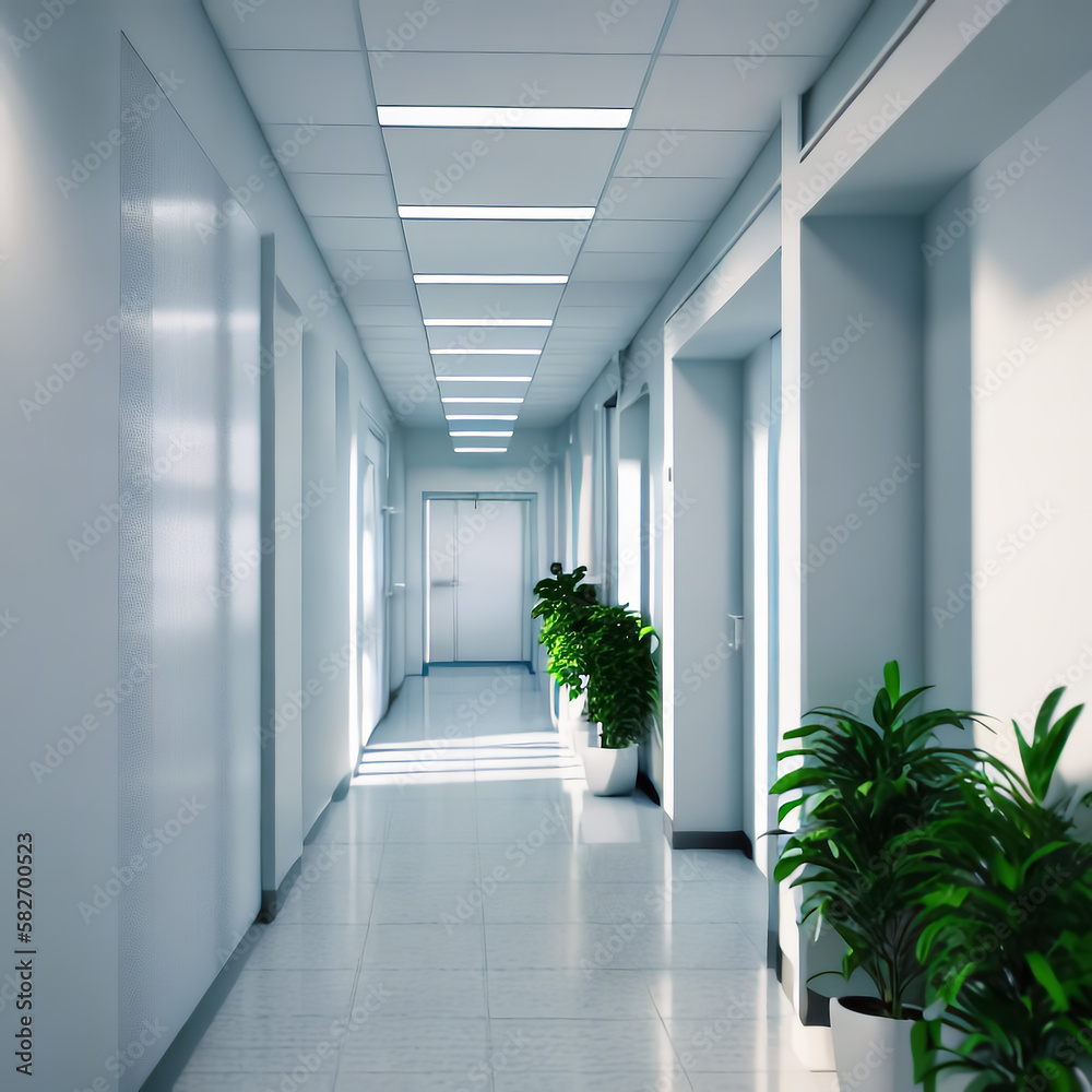 Medical Interior, hospital corridor with big windows, medical background