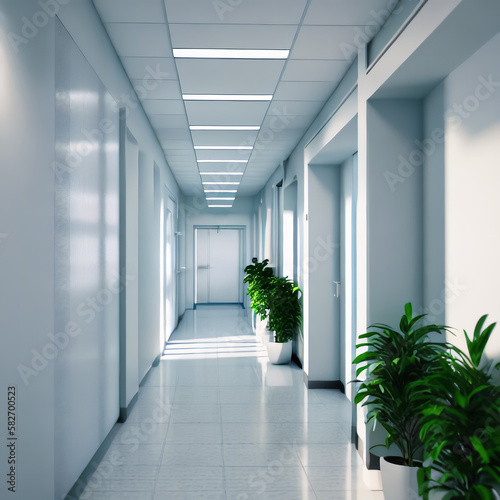 Medical Interior  hospital corridor with big windows  medical background