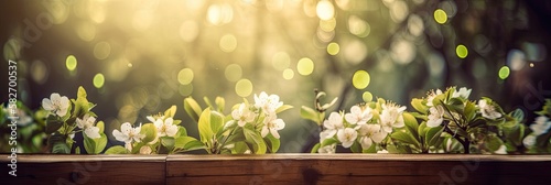 Spring Time - Blossoms On Wooden Table In Green Garden With Defocused Bokeh Lights And Flare Effect, generative ai