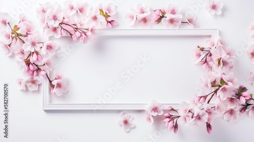 Decoration light pink cherry blossom flowers frame with white background, generative ai