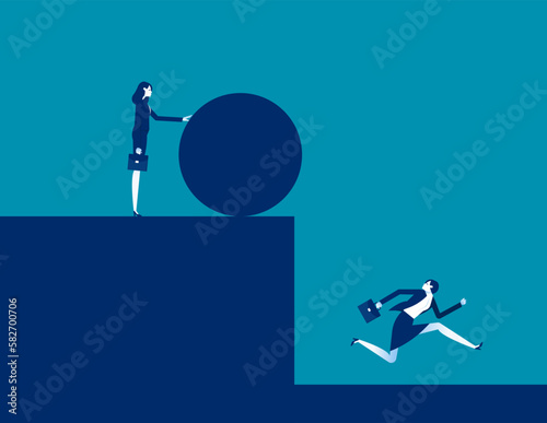 Tries to push the iron ball. Business betrayal and crisis concept