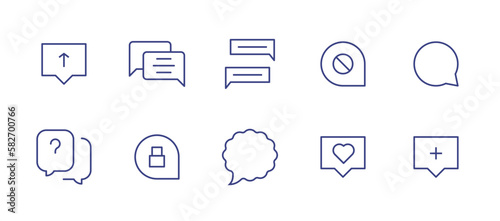 Chat line icon set. Editable stroke. Vector illustration. Containing comment upload, chat, chats, comment block, comment lock, speech bubble, comment heart, comment plus.