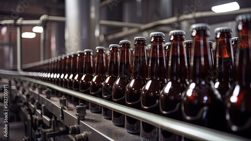 Brown glass beer drink alcohol bottles  brewery conveyor  modern production line  generative ai