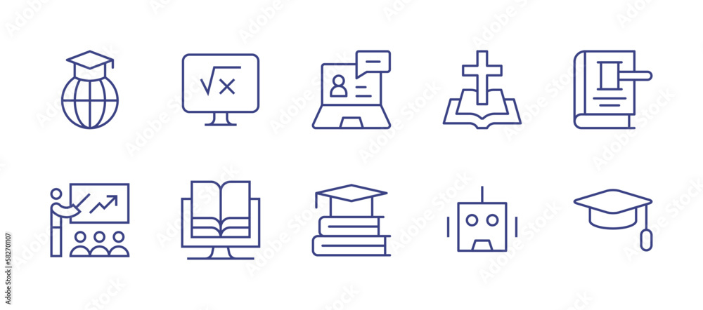 Education line icon set. Editable stroke. Vector illustration. Containing global education, maths, teacher, bible, law book, training, education, robot, graduation hat.