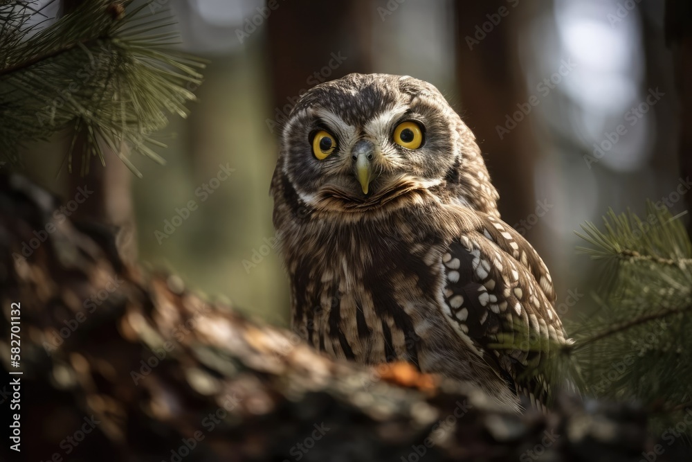 The Eurasian Pigmy On a bright spring day, an owl perches in a fir wood. Generative AI The Eurasian Pigmy On a bright spring day, an owl perches in a fir wood. Generative AI