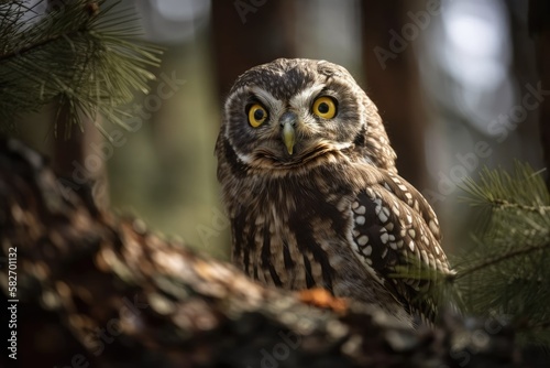 The Eurasian Pigmy On a bright spring day, an owl perches in a fir wood. Generative AI © AkuAku