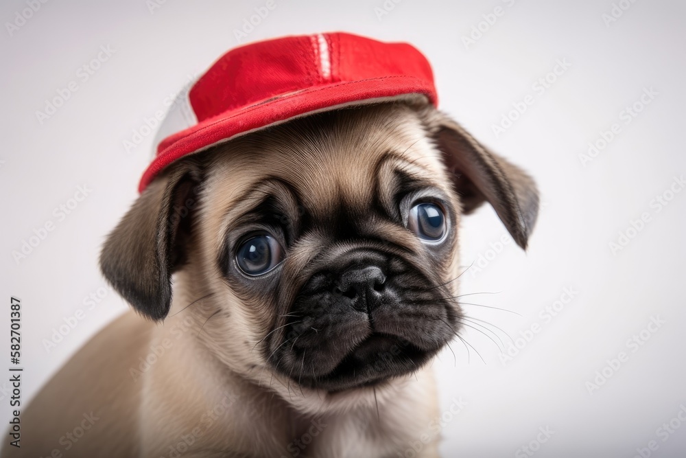 Adorable pug puppy sporting a Canadian hat. Generative AI