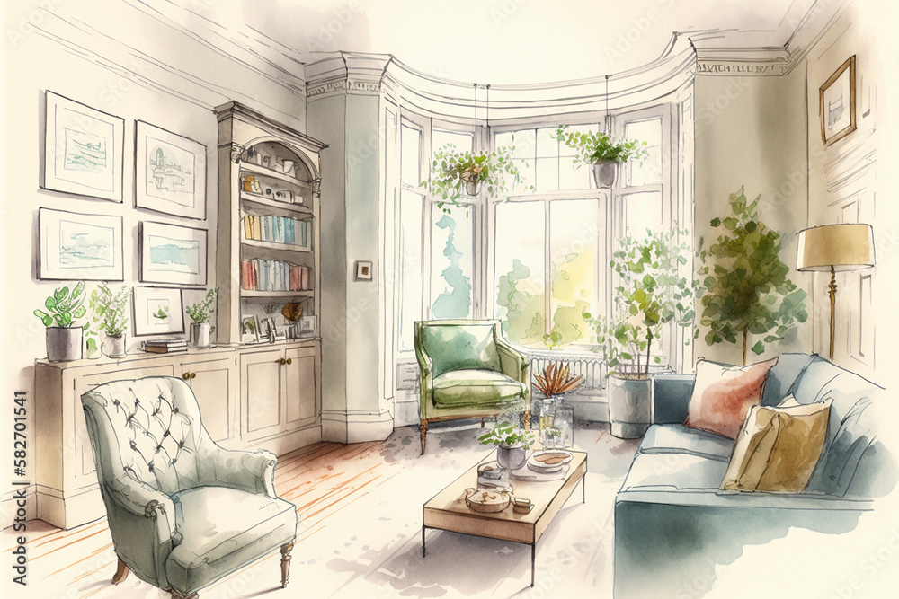 Fototapeta premium Living room interior drawing with bit of watercolour.