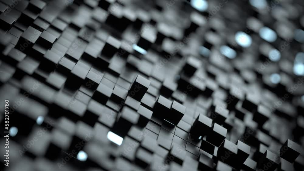 Abstract digital grid technology background loop, 3D render of black cubes moving in a pattern with blurred background, macro effect