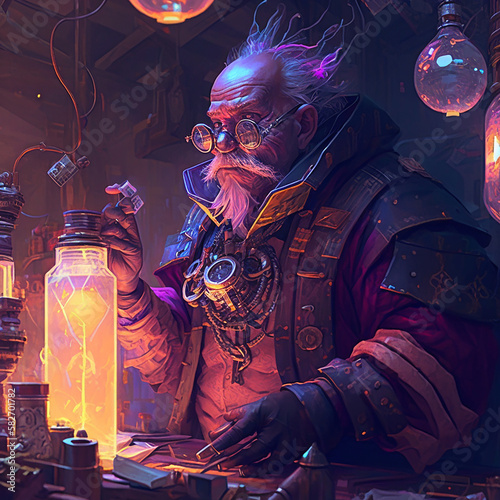 alchemy mechanism illustration the alchemist experimenting in his laboratory illustration hype realistic old man trying to transmute base metals into gold illustration Generative AI illustrations photo