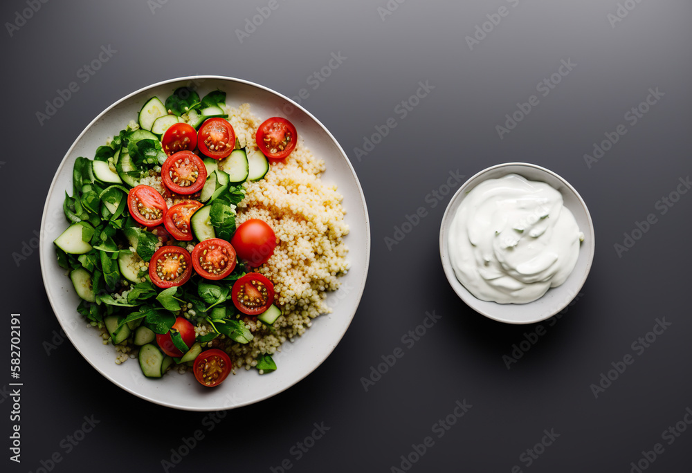 Salad with arabic couscous and vegetables on a white plate Salad with arabic couscous and vegetables on a white plate