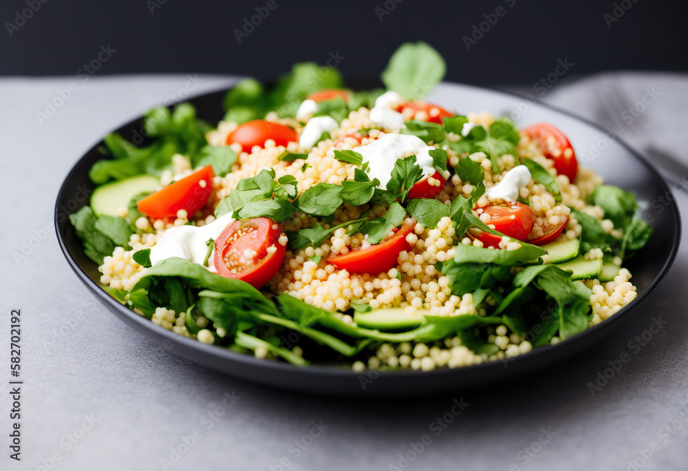 Salad with arabic couscous and vegetables on a white plate