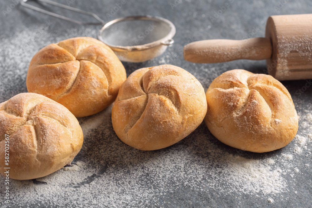 Set mini bun bread close-up with copy space. Fresh home baking concept