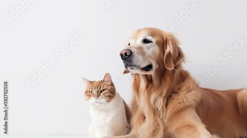 Banner with golden retriever and cat. Copy space. Generative AI.