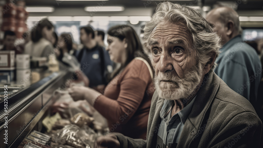 Older Man Worried at Crowded Supermarket, AI Generative