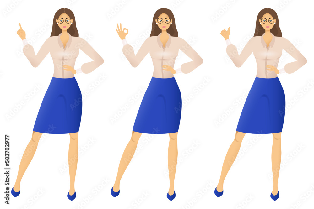 Expressive entrepreneur girl in different poses. Vector illustration concept on the white background. Expressive entrepreneur girl in different poses. Vector illustration concept on the white background.